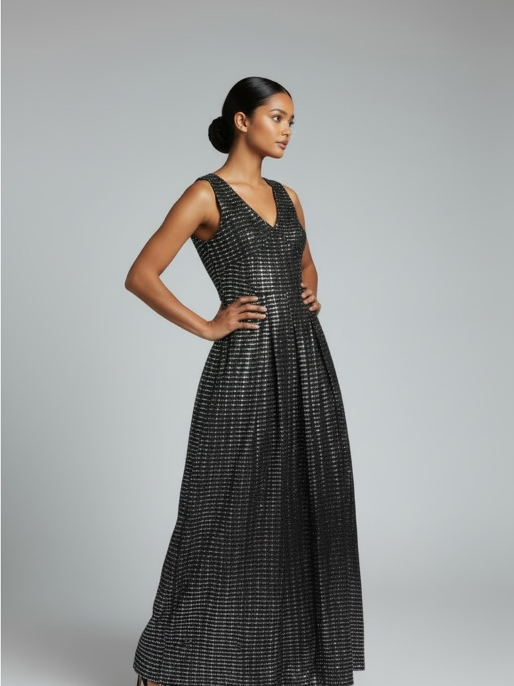 Lapis Black Metallic V-Neck Maxi Dress